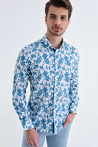 Slim Fit Long Sleeve Printed Cotton Turquoise Casual Shirt