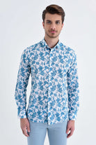 Slim Fit Long Sleeve Printed Cotton Turquoise Casual Shirt