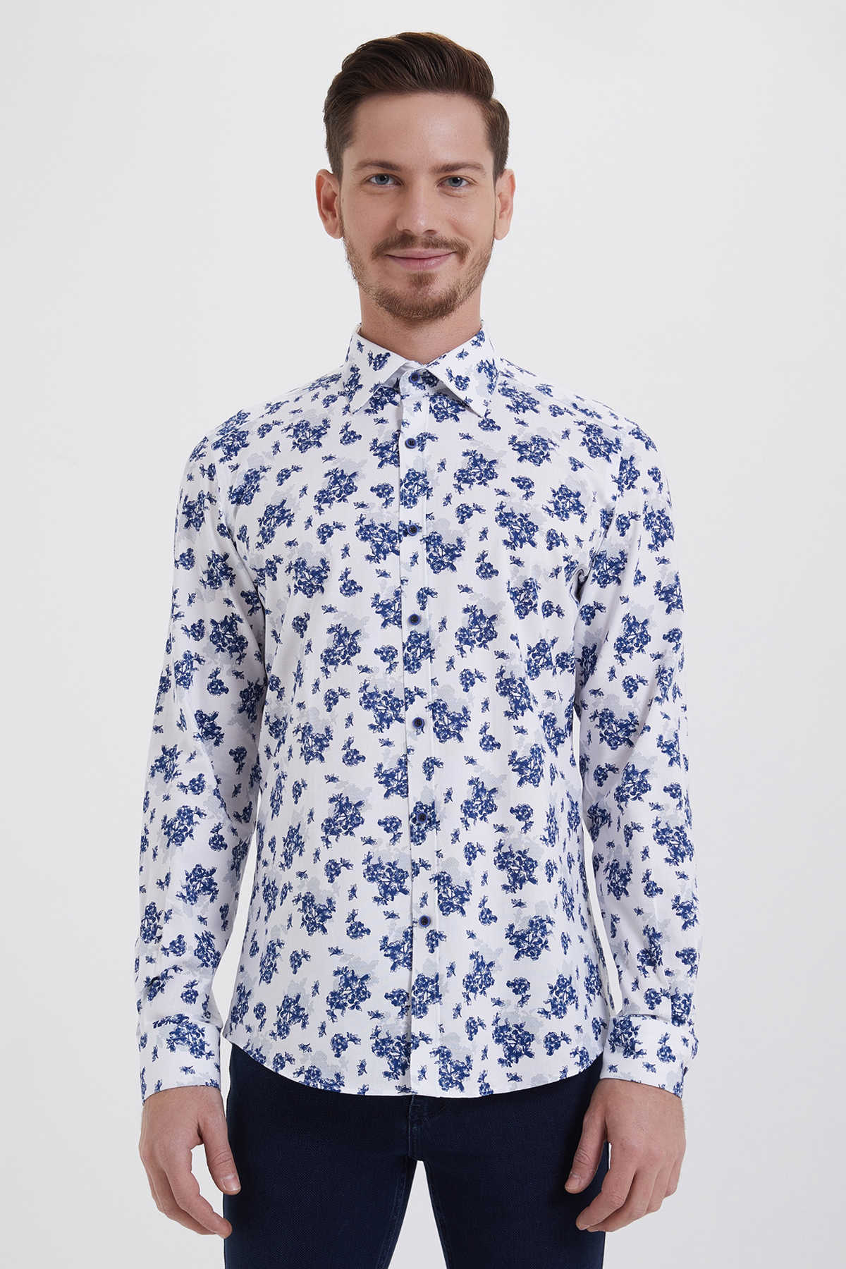 Slim Fit Long Sleeve Printed Cotton White Casual Shirt - MIB