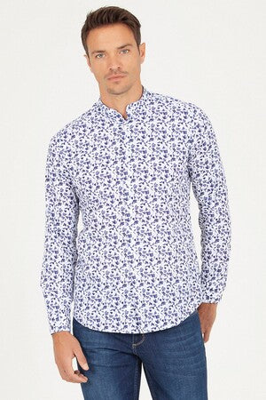 Slim Fit Long Sleeve Printed Linen & Cotton Blend Casual