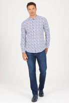 Slim Fit Long Sleeve Printed Linen & Cotton Blend Casual