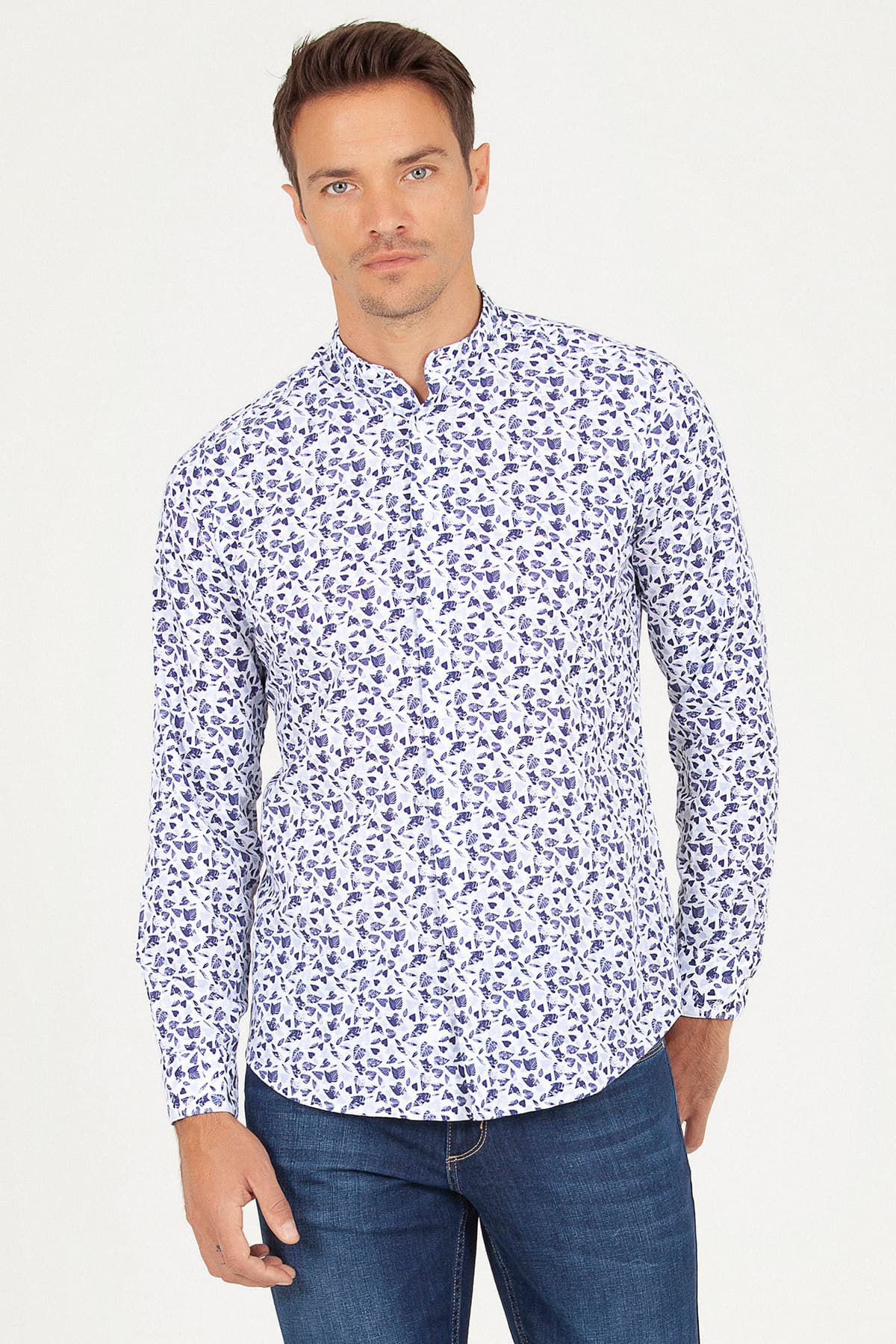 Slim Fit Long Sleeve Printed Linen & Cotton Blend Casual