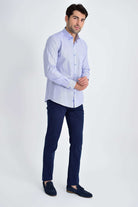 Slim Fit Long Sleeve Striped Cotton Blend Blue Casual Shirt