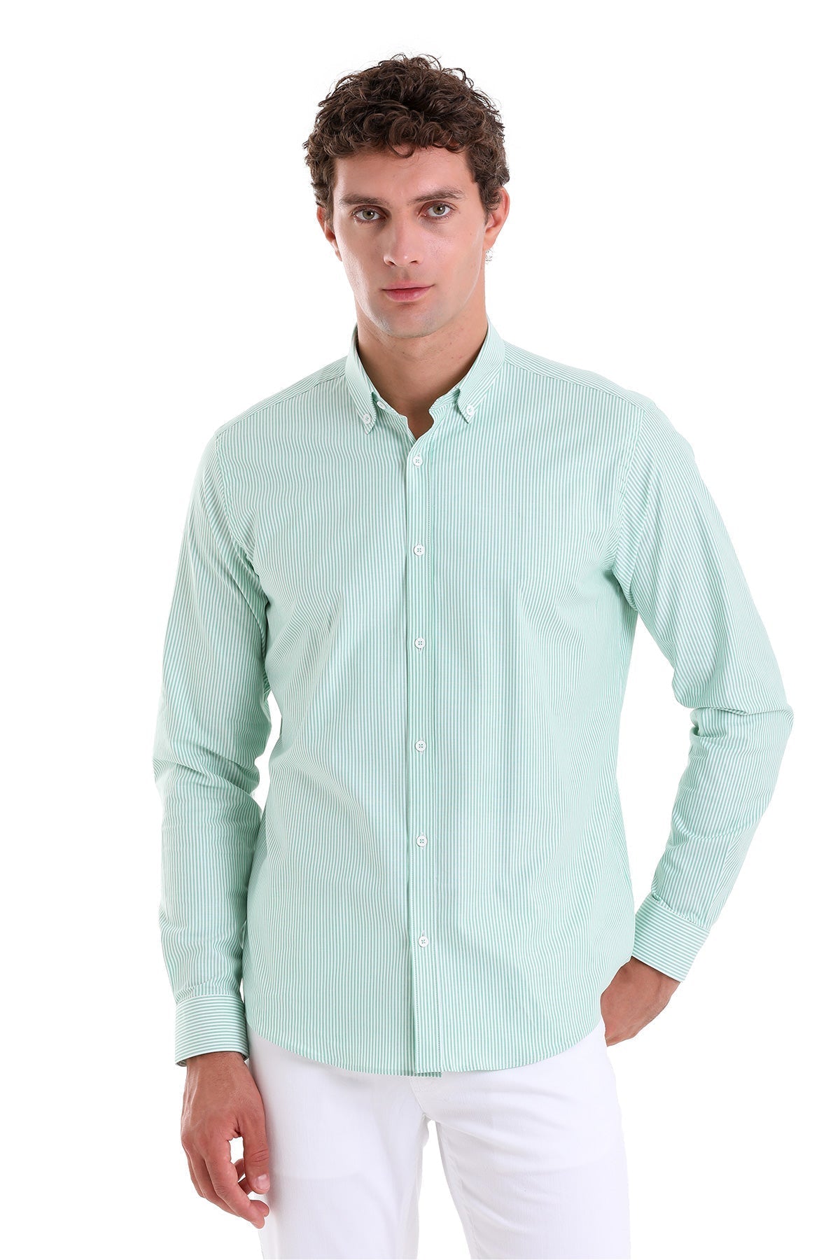 Slim Fit Long Sleeve Striped Cotton Blend Green Casual