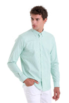 Slim Fit Long Sleeve Striped Cotton Blend Green Casual