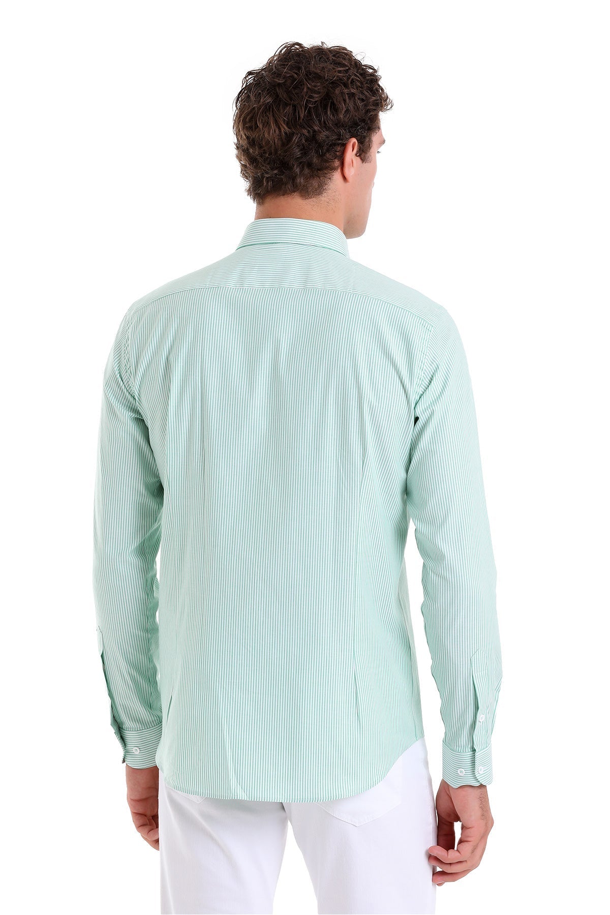 Slim Fit Long Sleeve Striped Cotton Blend Green Casual