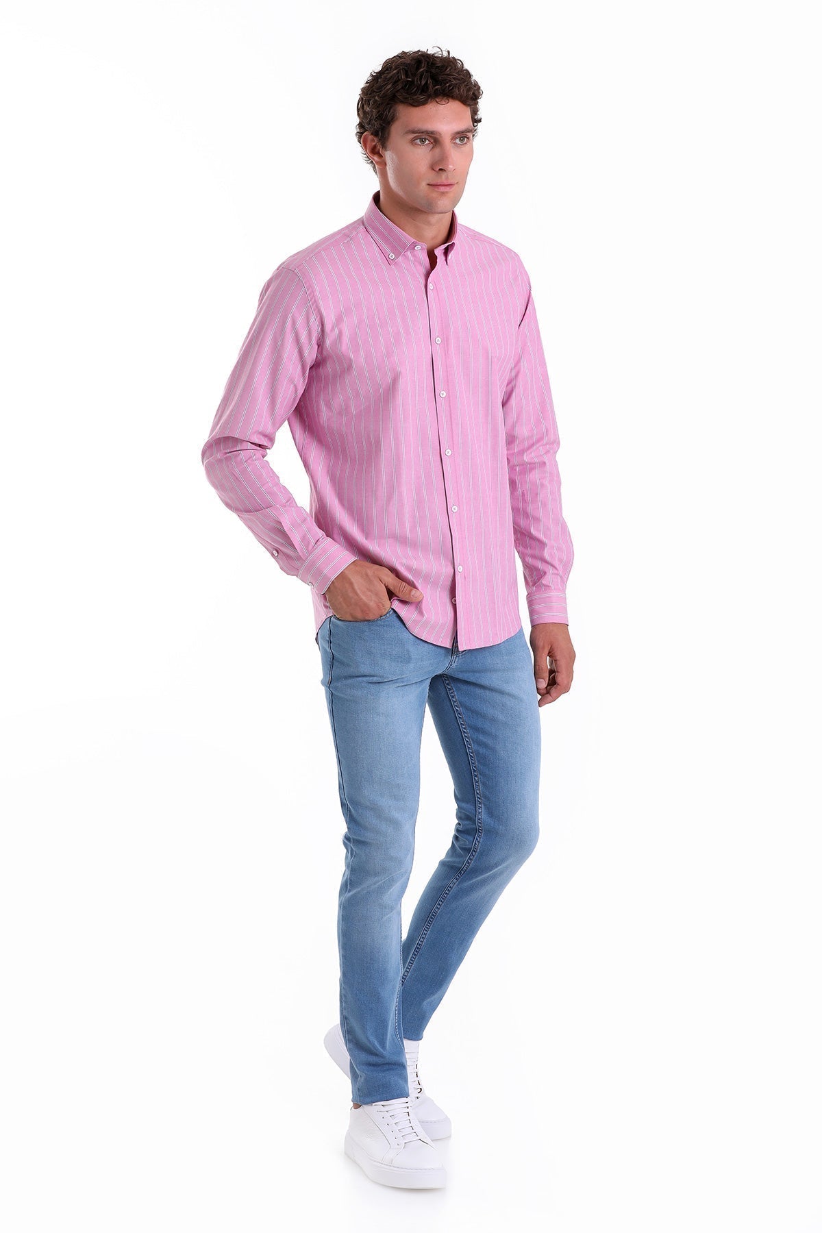 Slim Fit Long Sleeve Striped Cotton Blend Pink Casual Shirt