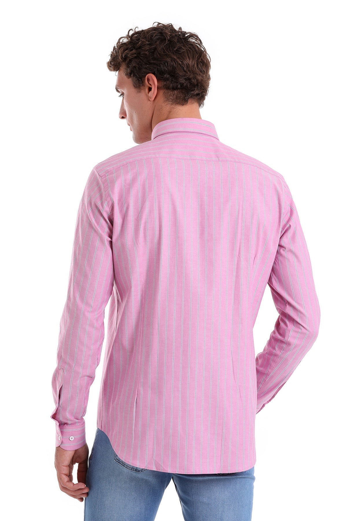 Slim Fit Long Sleeve Striped Cotton Blend Pink Casual Shirt