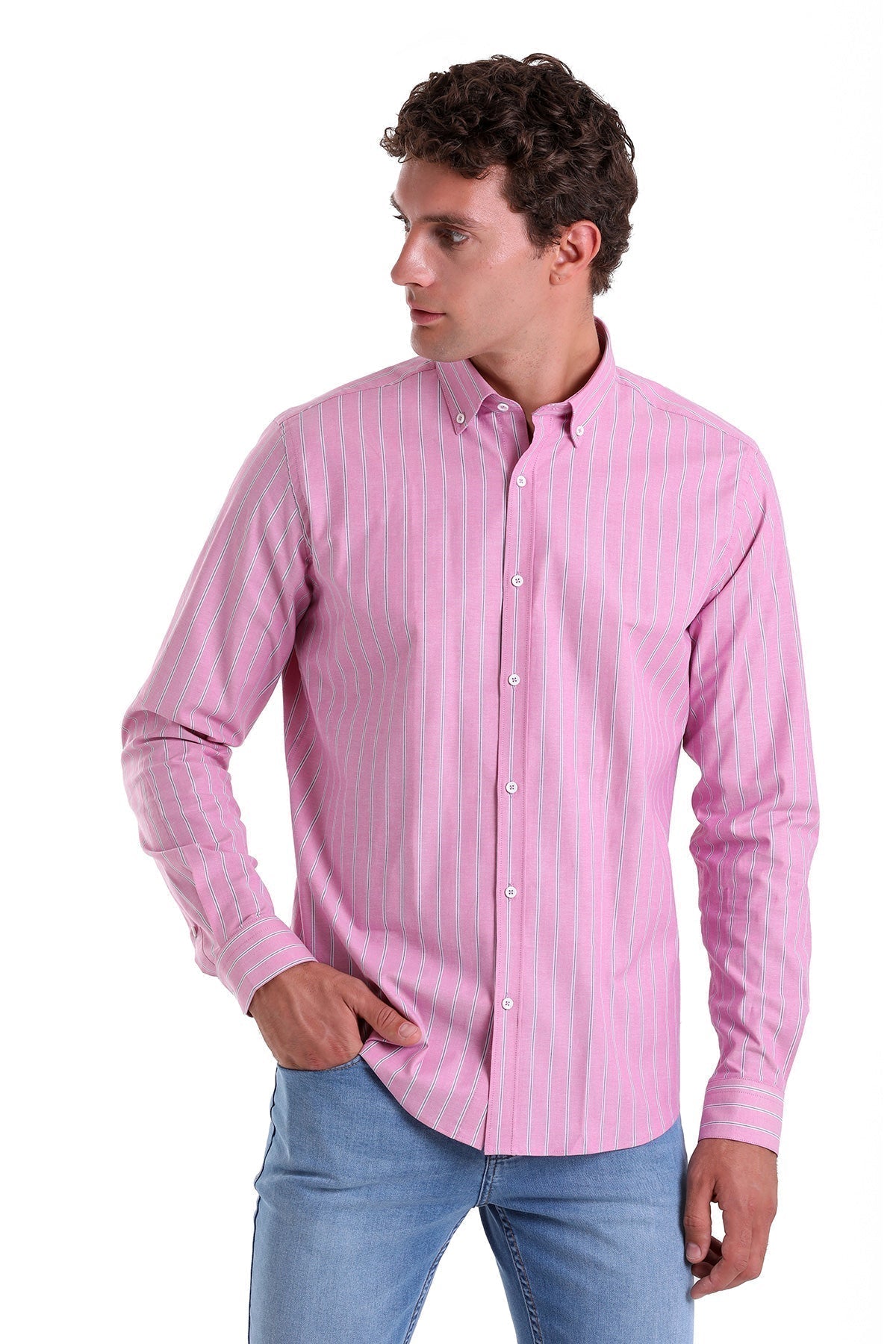 Slim Fit Long Sleeve Striped Cotton Blend Pink Casual Shirt