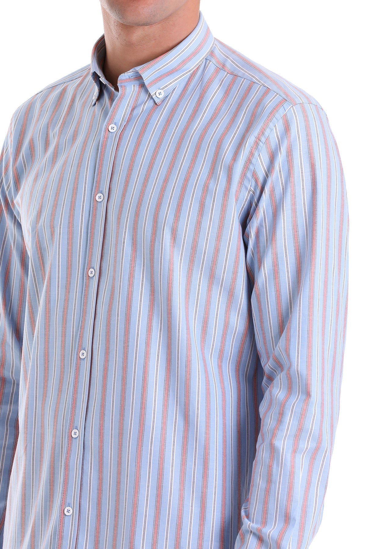 Slim Fit Long Sleeve Striped Cotton Blend Red Casual Shirt