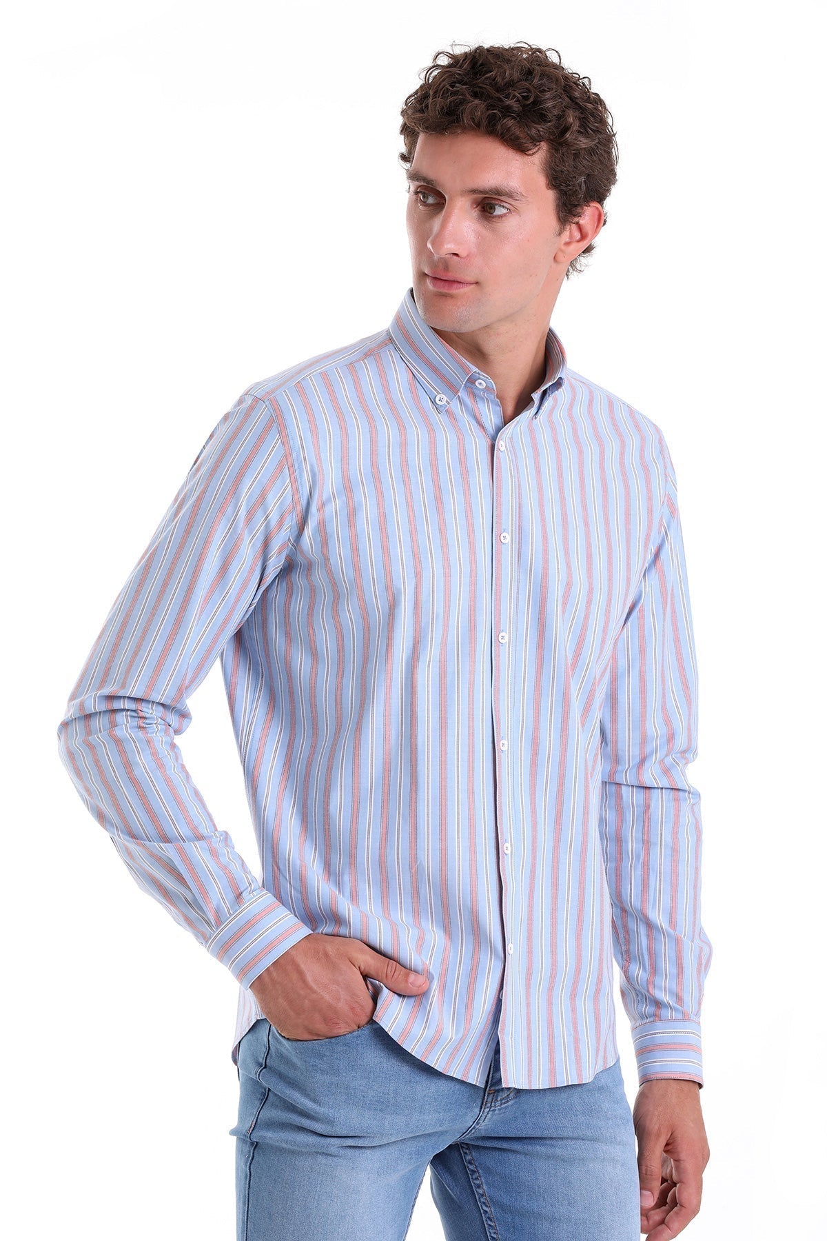 Slim Fit Long Sleeve Striped Cotton Blend Red Casual Shirt