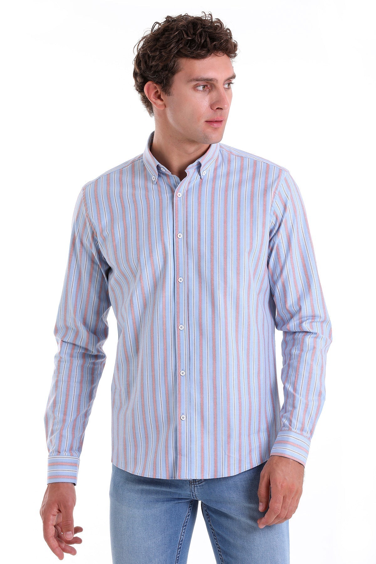 Slim Fit Long Sleeve Striped Cotton Blend Red Casual Shirt