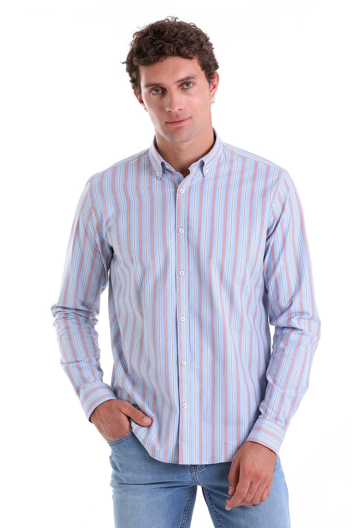 Slim Fit Long Sleeve Striped Cotton Blend Red Casual Shirt