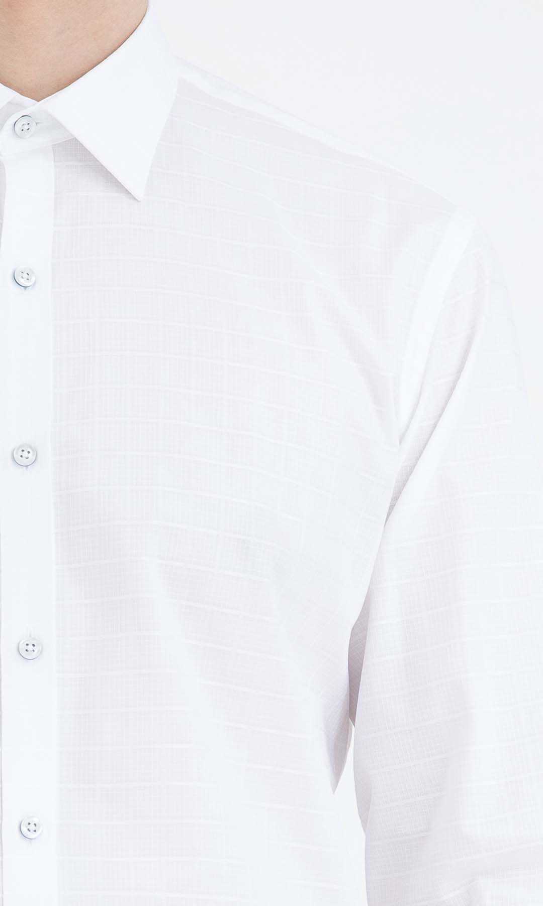 Slim Fit Long Sleeve Windowpane Cotton White Dress Shirt