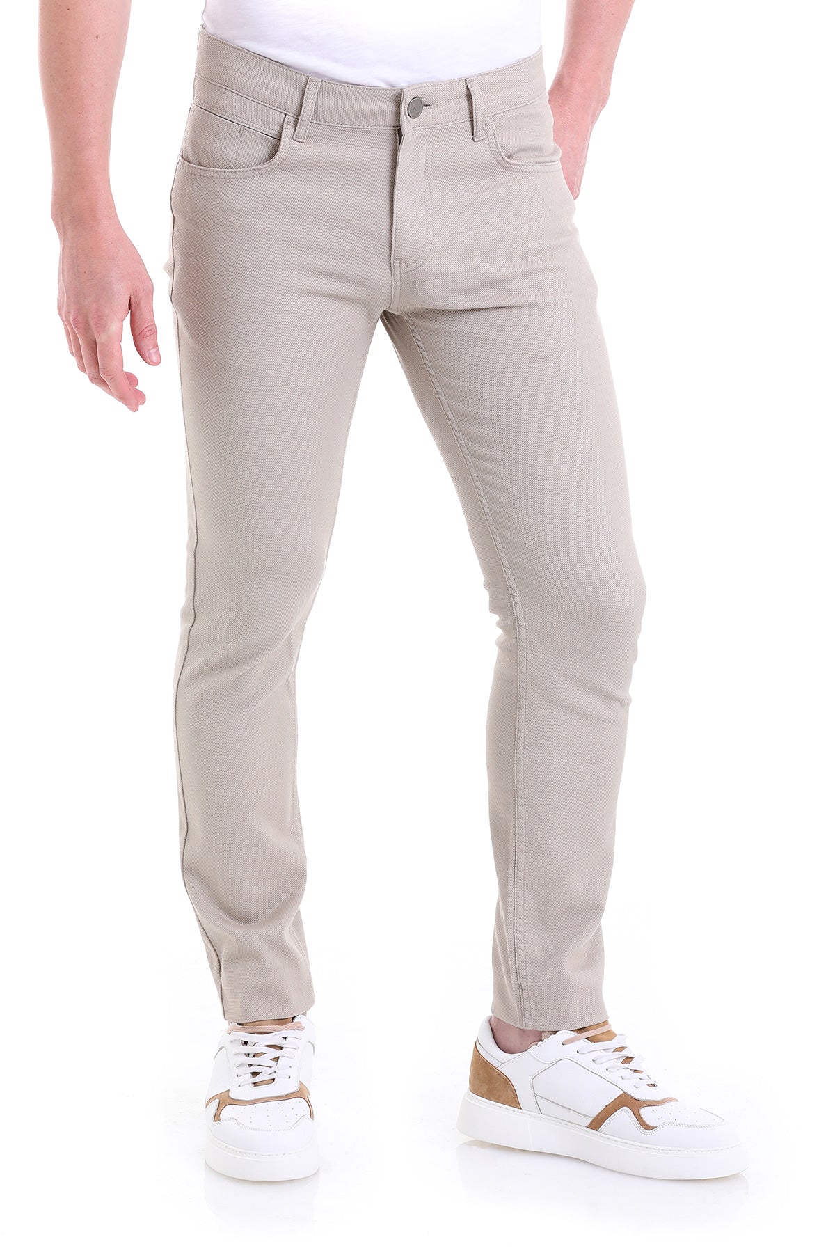 Slim Fit Low Waist Beige Cotton Casual Pants - MIB