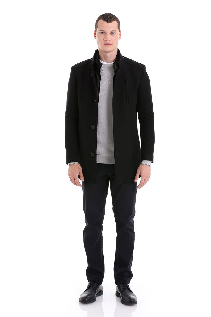 Slim Fit Manhattan Stand Collar Wool Blend Black Overcoat