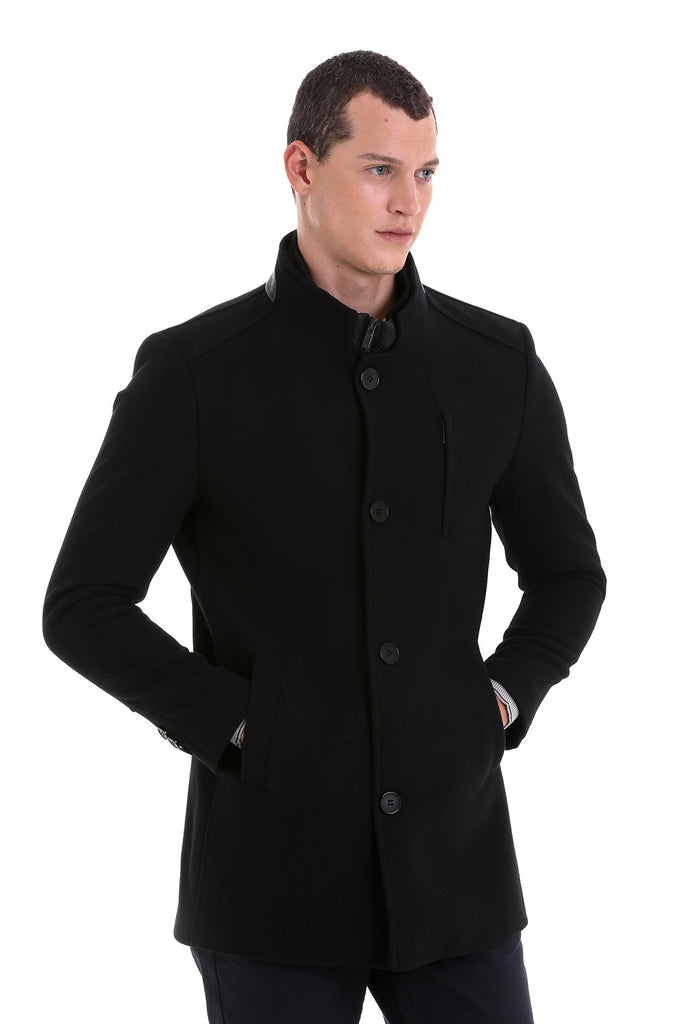 Slim Fit Manhattan Stand Collar Wool Blend Black Overcoat