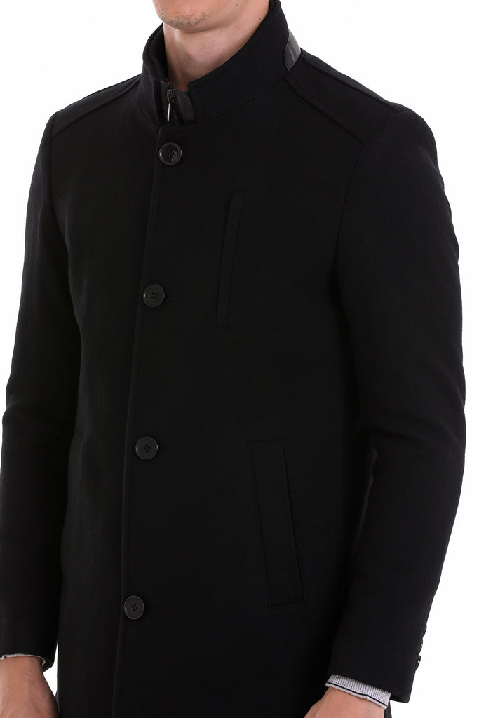 Slim Fit Manhattan Stand Collar Wool Blend Black Overcoat