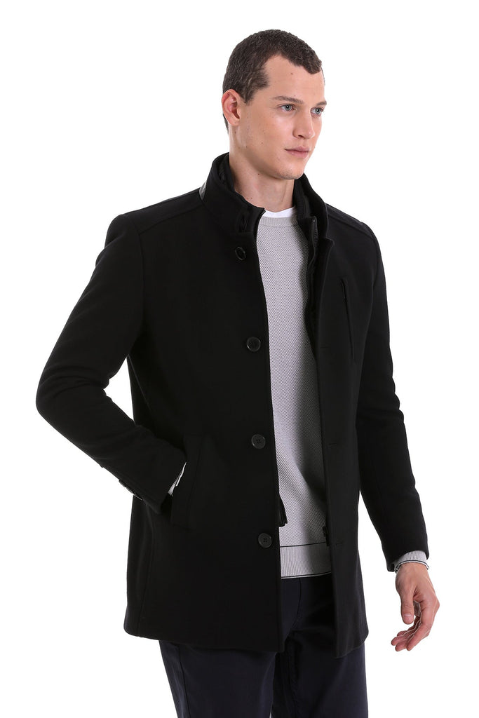 Slim Fit Manhattan Stand Collar Wool Blend Black Overcoat