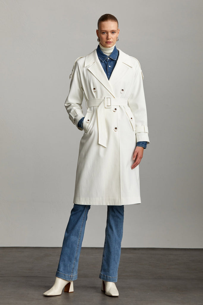Slim Fit Mary Longcoat Cotton Blend White Longcoat - MIB