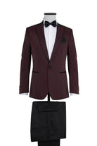 Slim Fit Micro Grid Burgundy Peak Lapel Classic Tuxedo - MIB