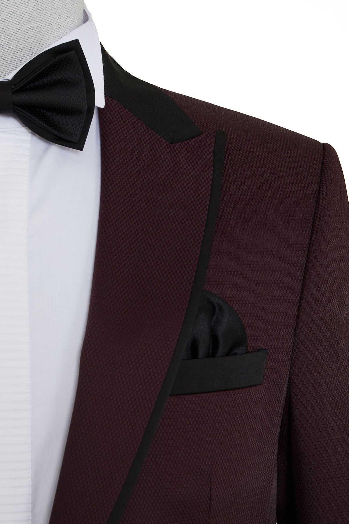 Slim Fit Micro Grid Burgundy Peak Lapel Classic Tuxedo - MIB