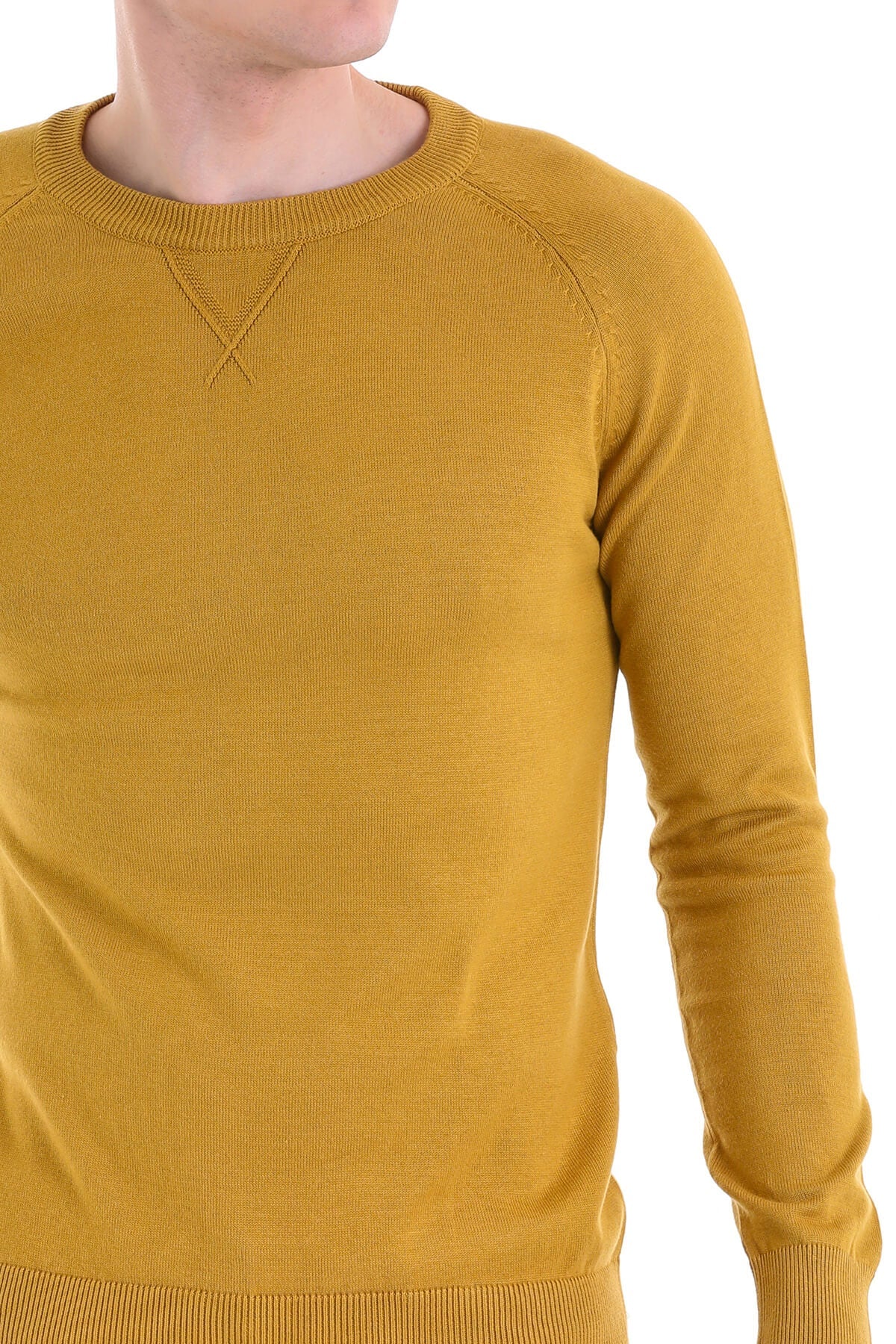 Slim Fit Mustard Cotton Blend Crew Neck Sweater - SAYKI