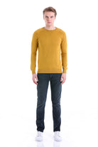 Slim Fit Mustard Cotton Blend Crew Neck Sweater - SAYKI