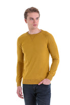 Slim Fit Mustard Cotton Blend Crew Neck Sweater - SAYKI