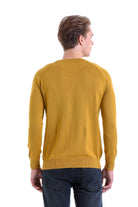 Slim Fit Mustard Cotton Blend Crew Neck Sweater - SAYKI