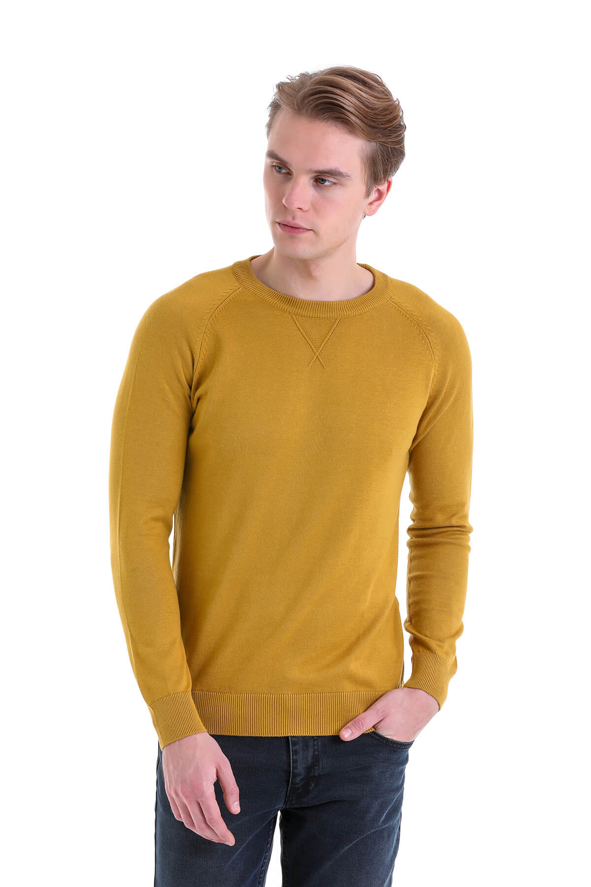 Slim Fit Mustard Cotton Blend Crew Neck Sweater - SAYKI