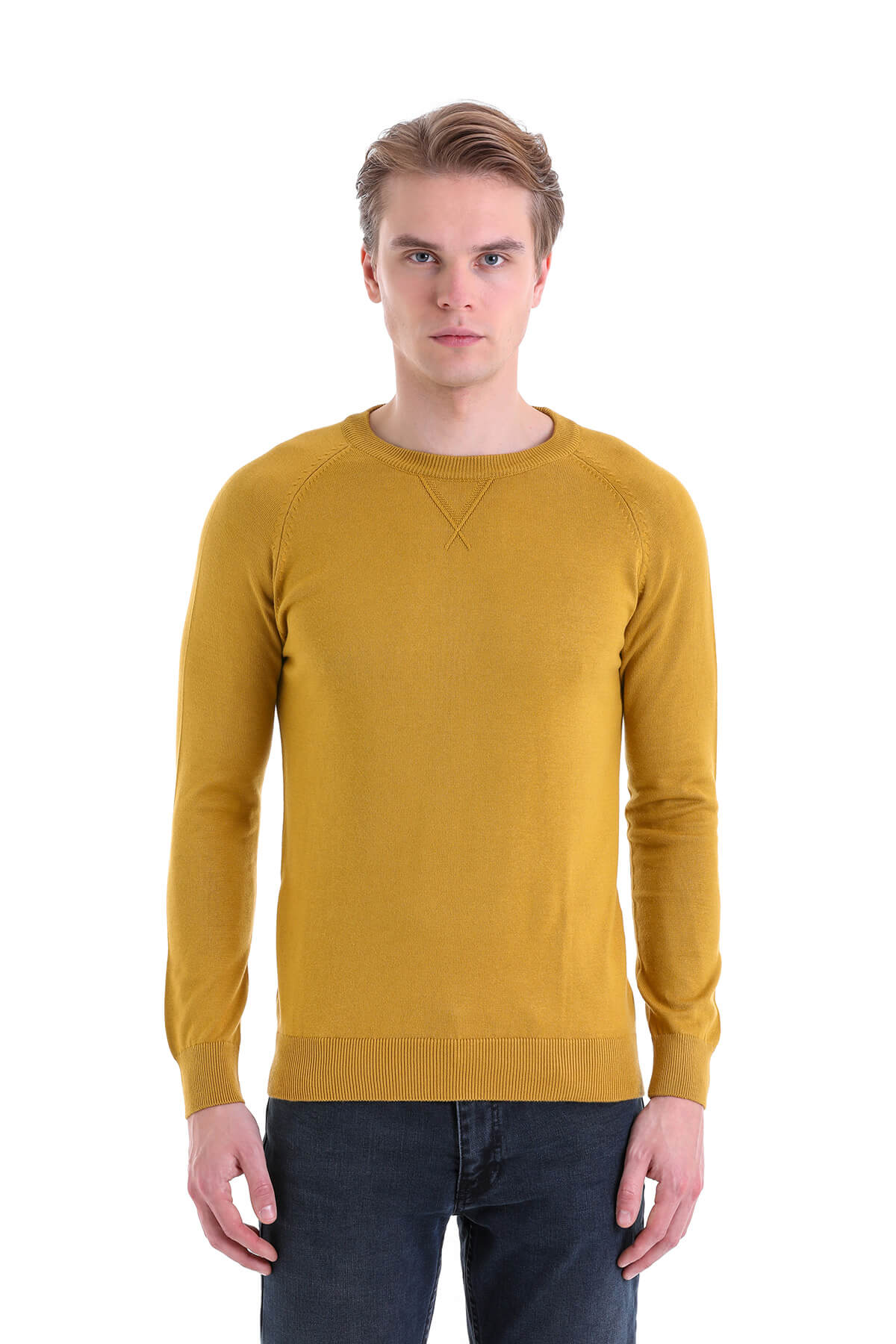 Slim Fit Mustard Cotton Blend Crew Neck Sweater - SAYKI