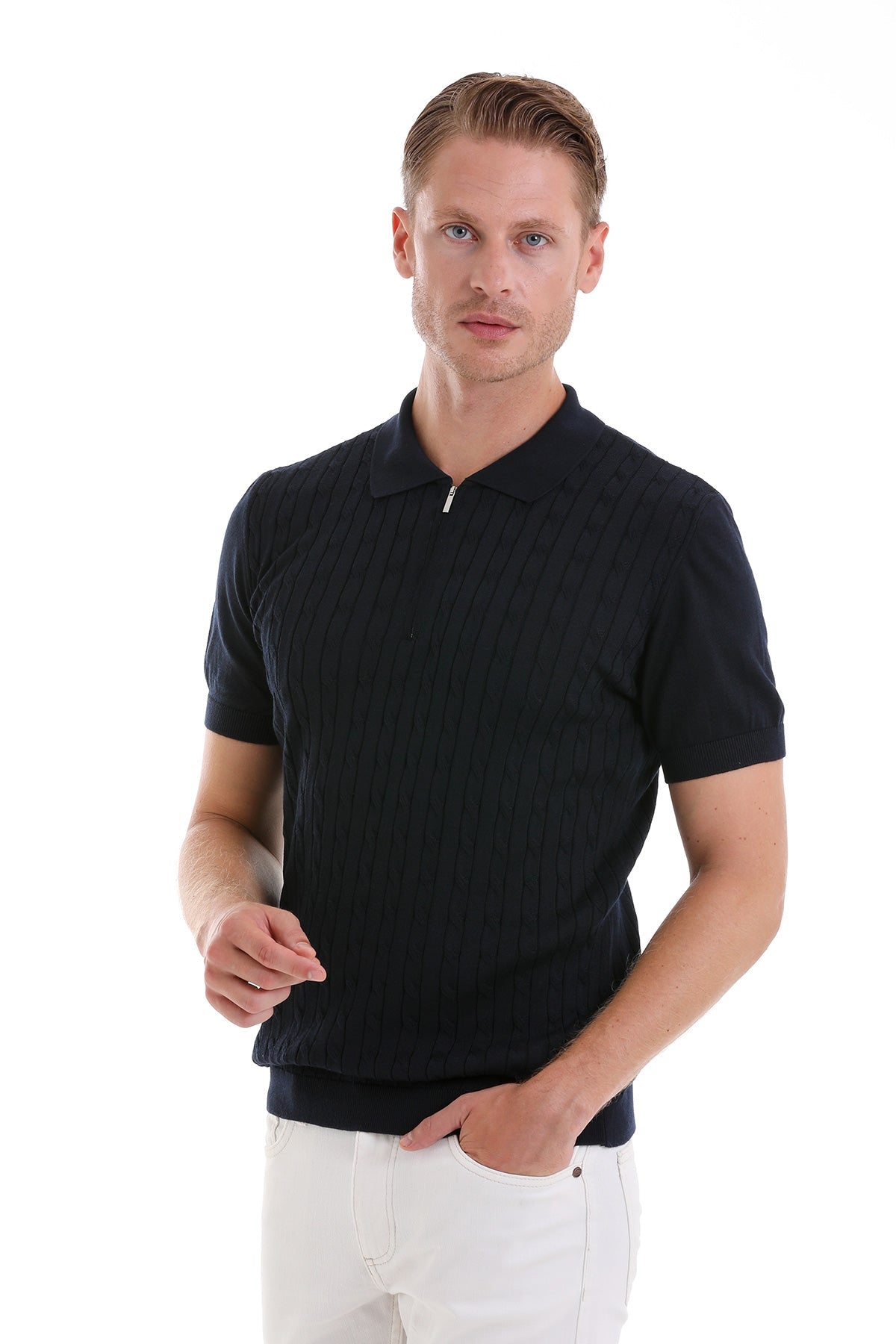 Slim Fit Navy Cable Knit Polo T-Shirt - MIB