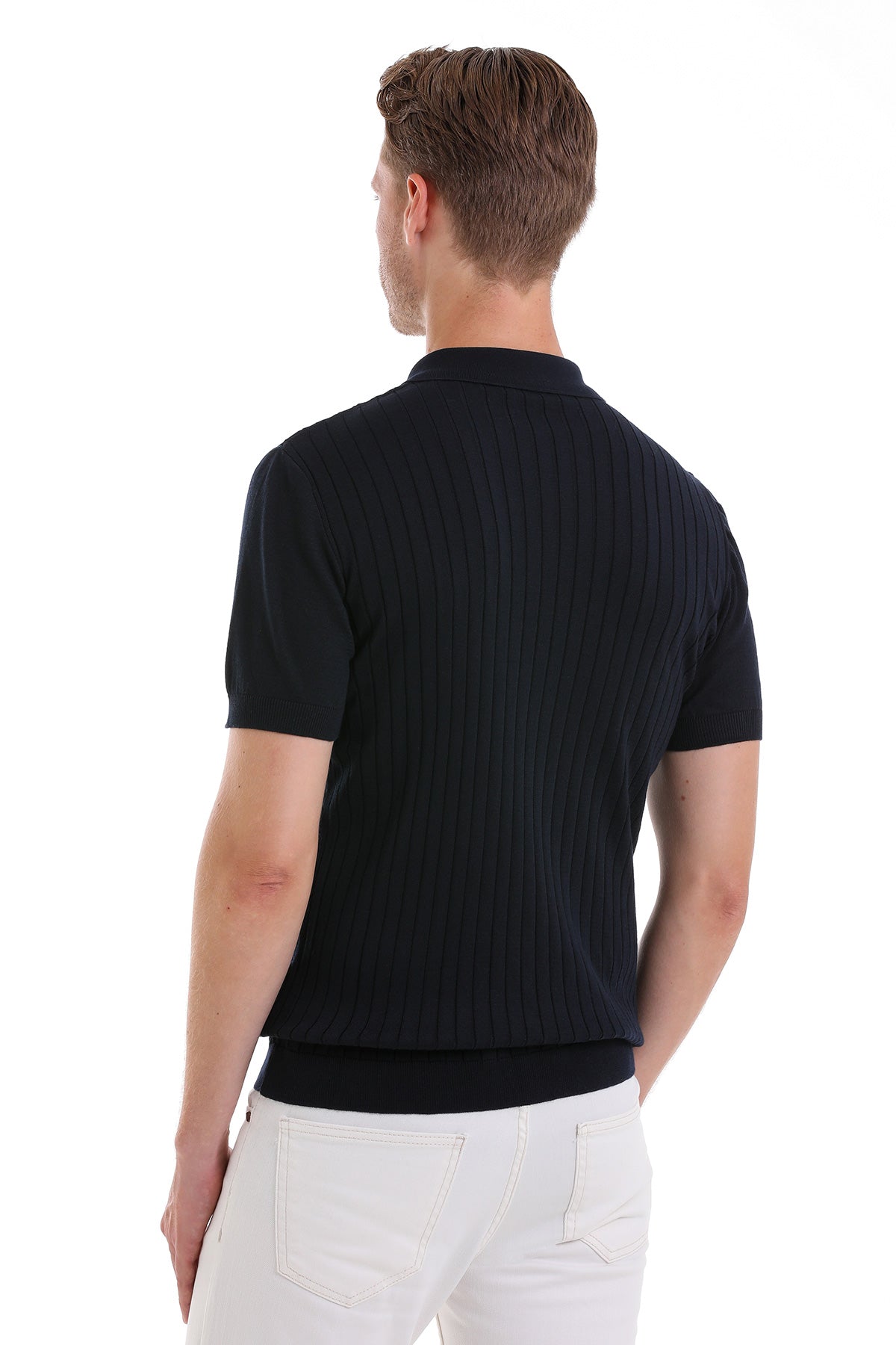 Slim Fit Navy Cable Knit Polo T-Shirt - MIB