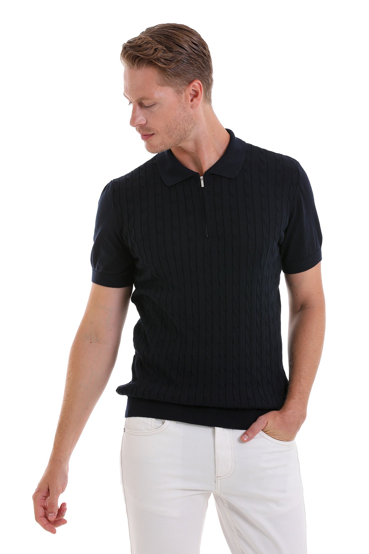 Slim Fit Navy Cable Knit Polo T-Shirt - MIB