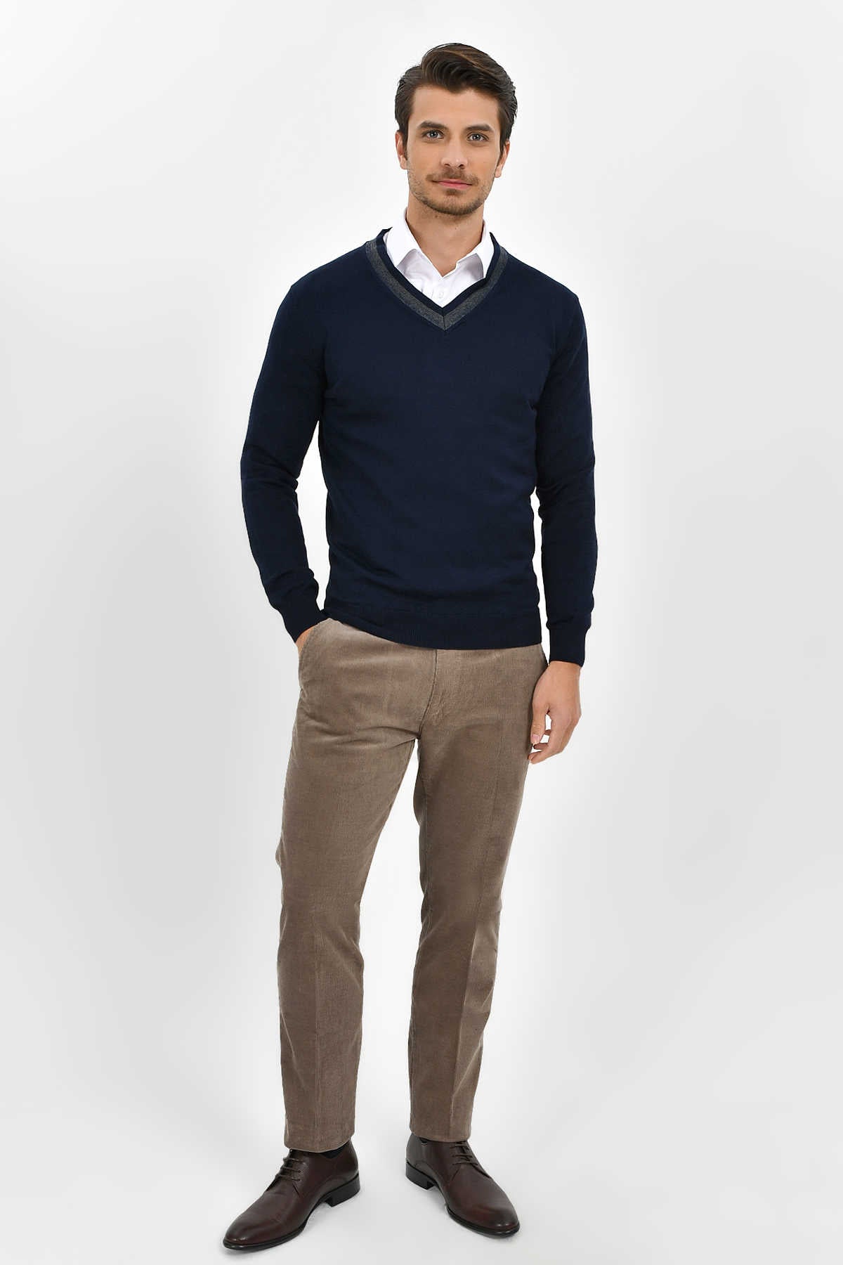 Slim Fit Navy Cotton Blend V-Neck Sweater - SAYKI