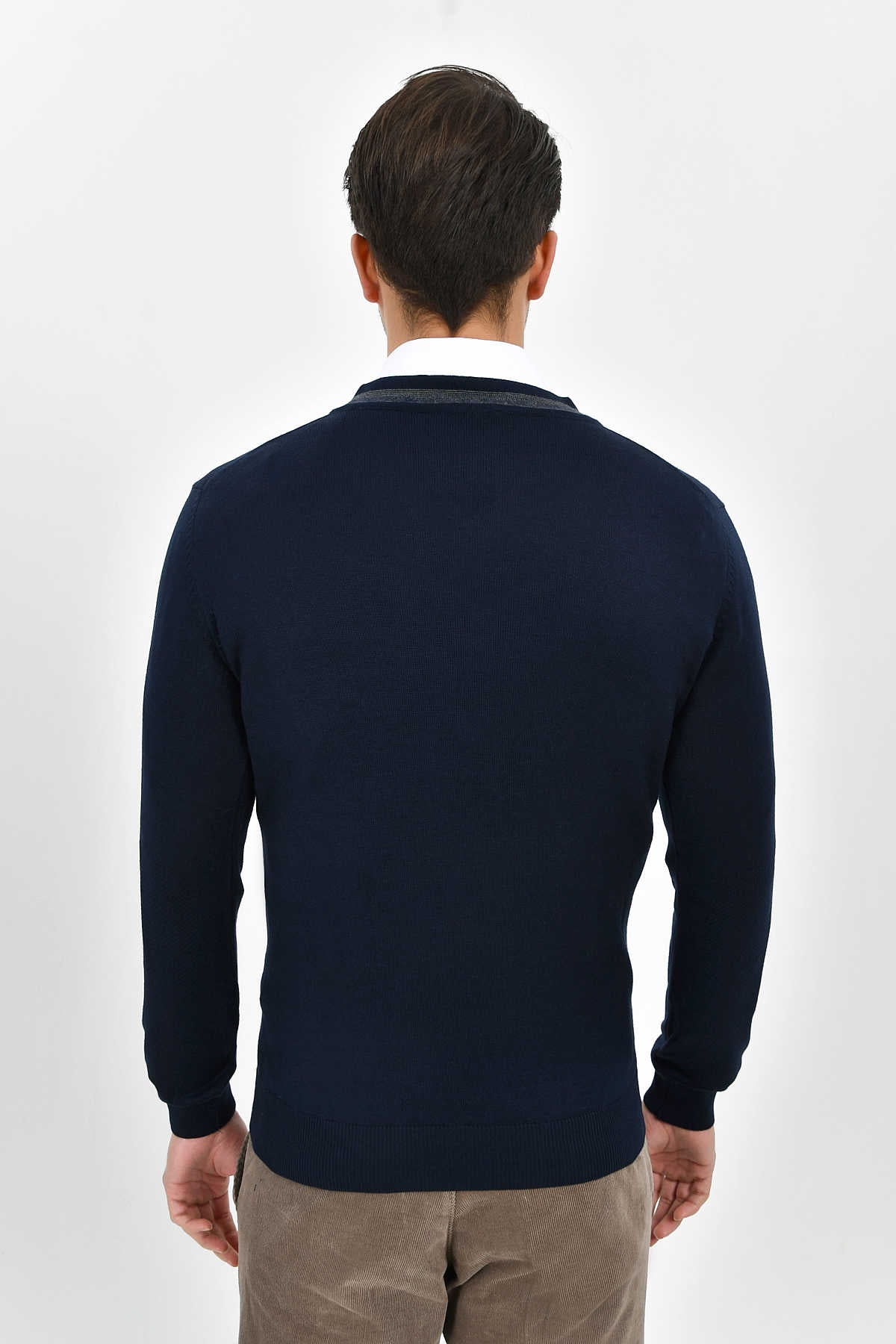 Slim Fit Navy Cotton Blend V-Neck Sweater - SAYKI