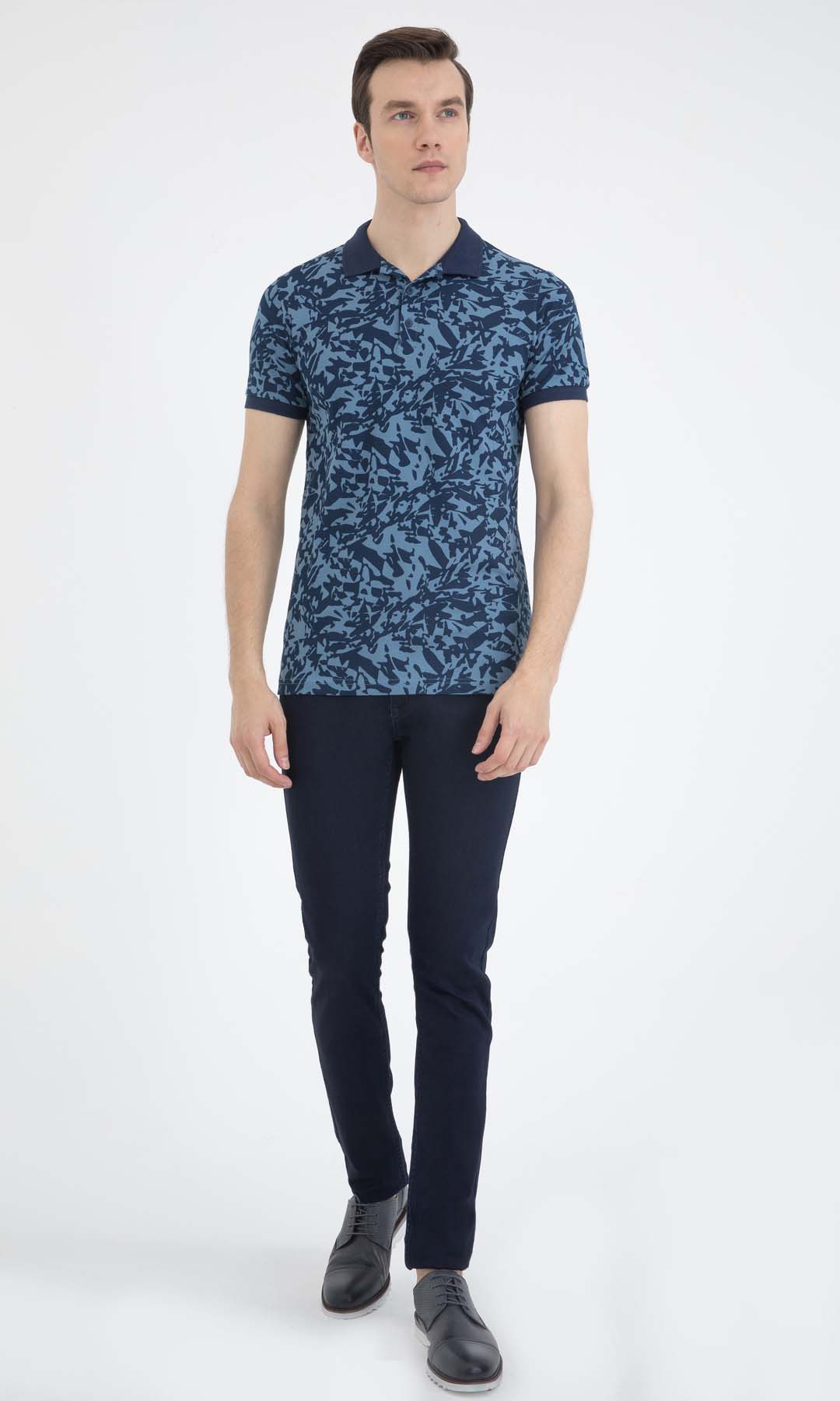 Slim Fit Navy - Indigo Printed Cotton Polo T-Shirt - MIB