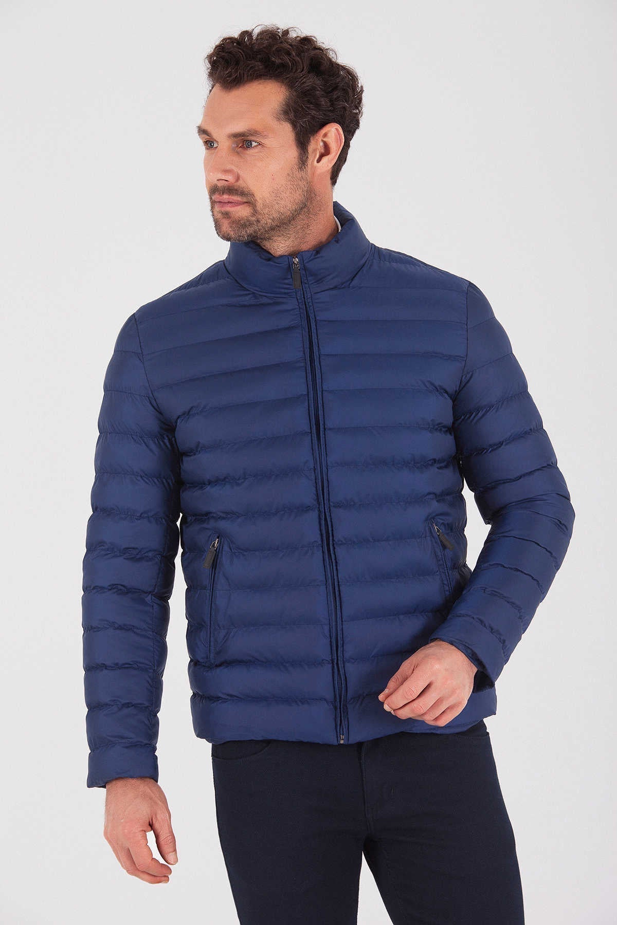 Slim Fit Navy Padded Bogner Stand Collar Coat - SAYKI