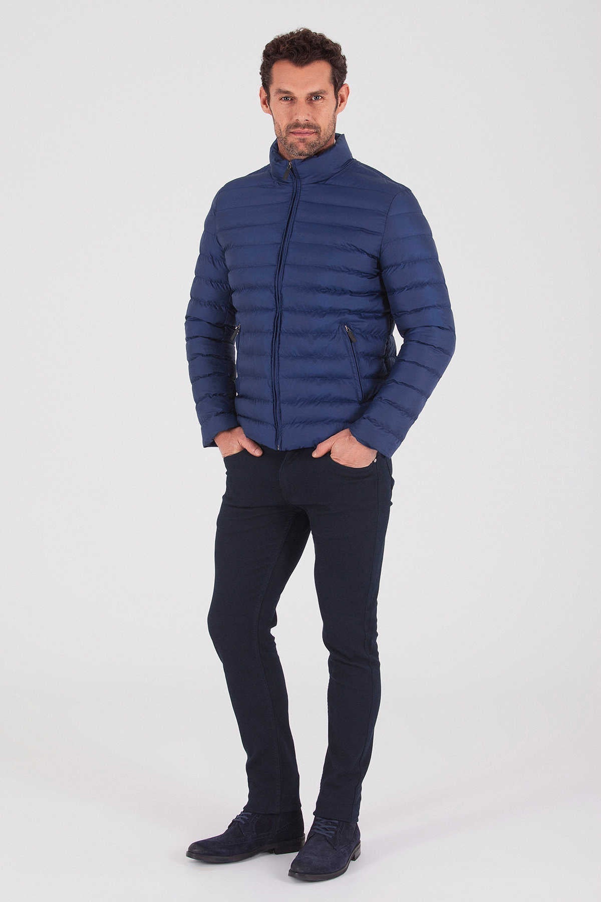 Slim Fit Navy Padded Bogner Stand Collar Coat - SAYKI