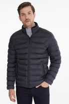 Slim Fit Navy Padded Stand Collar Coat - SAYKI