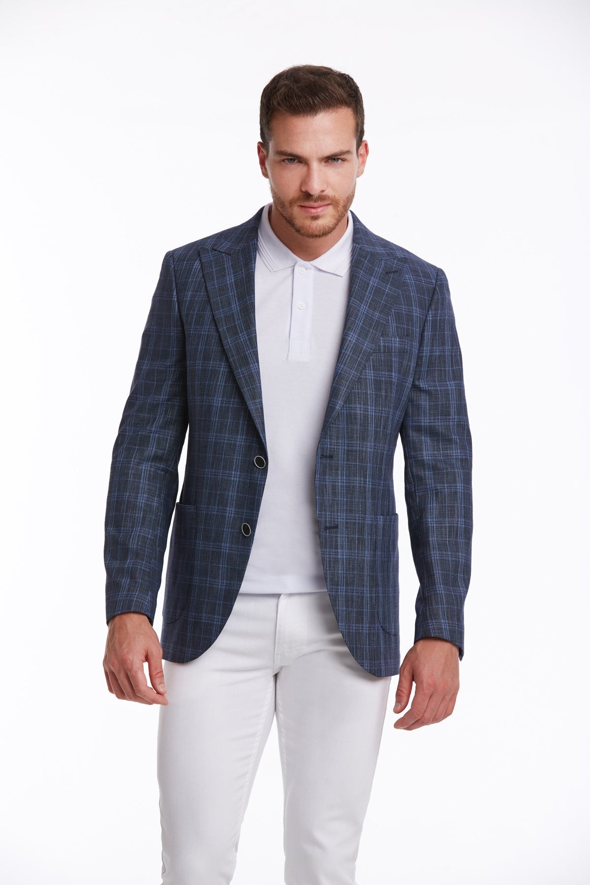 Slim Fit Navy Peak Lapel Plaid Linen Classic Blazer - SAYKI