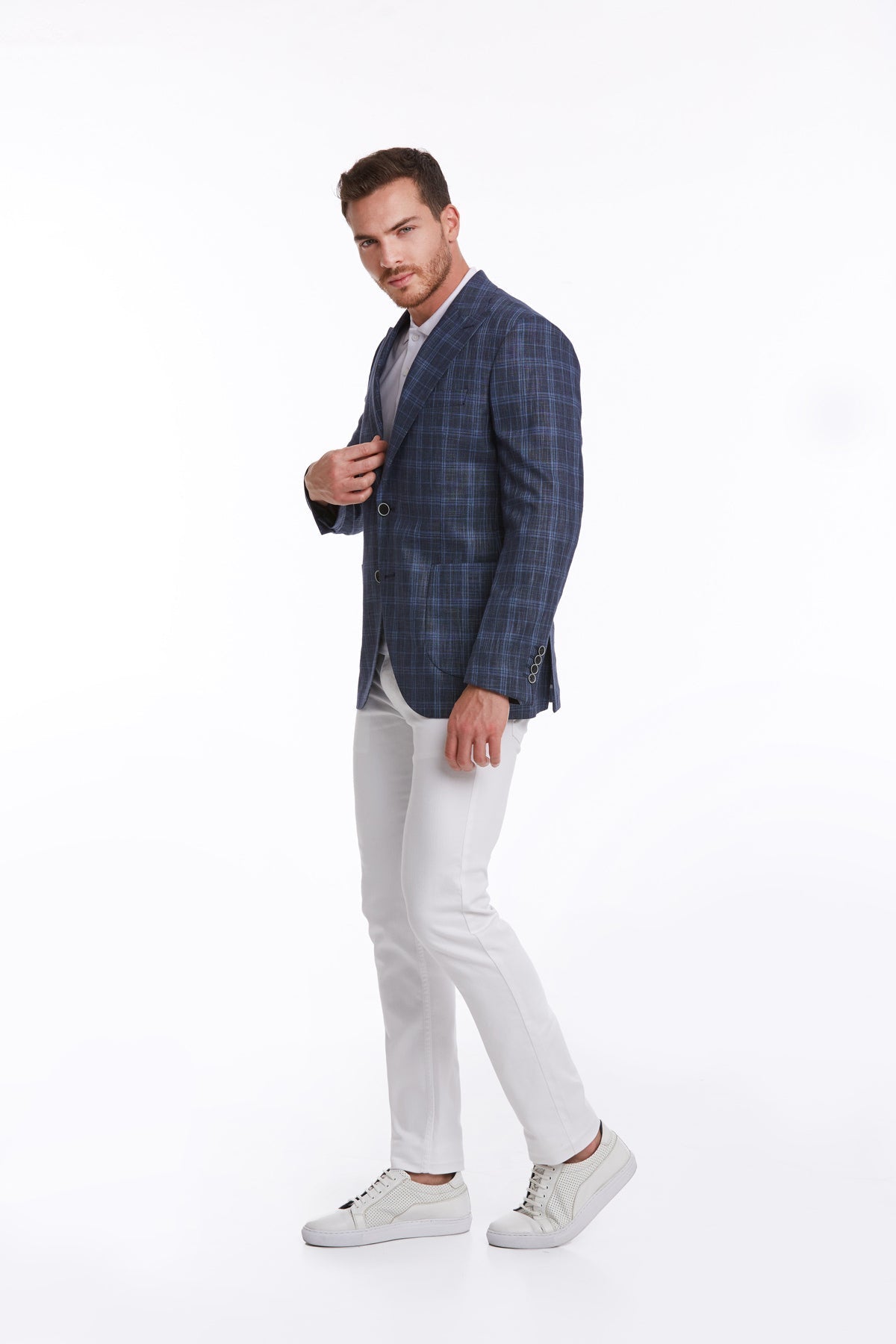 Slim Fit Navy Peak Lapel Plaid Linen Classic Blazer - SAYKI