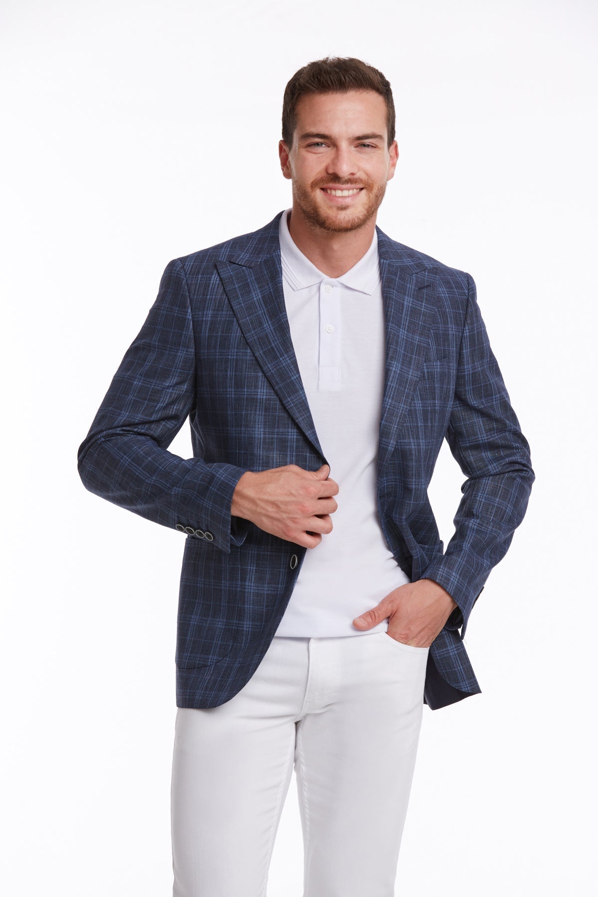 Slim Fit Navy Peak Lapel Plaid Linen Classic Blazer - SAYKI