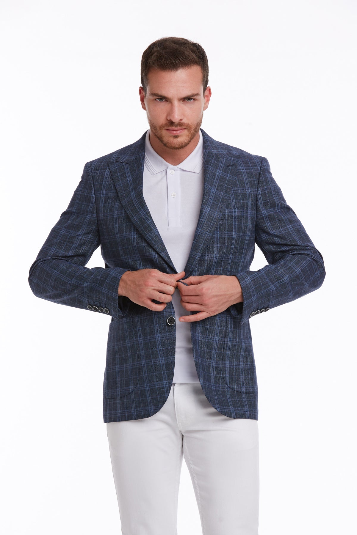 Slim Fit Navy Peak Lapel Plaid Linen Classic Blazer - SAYKI