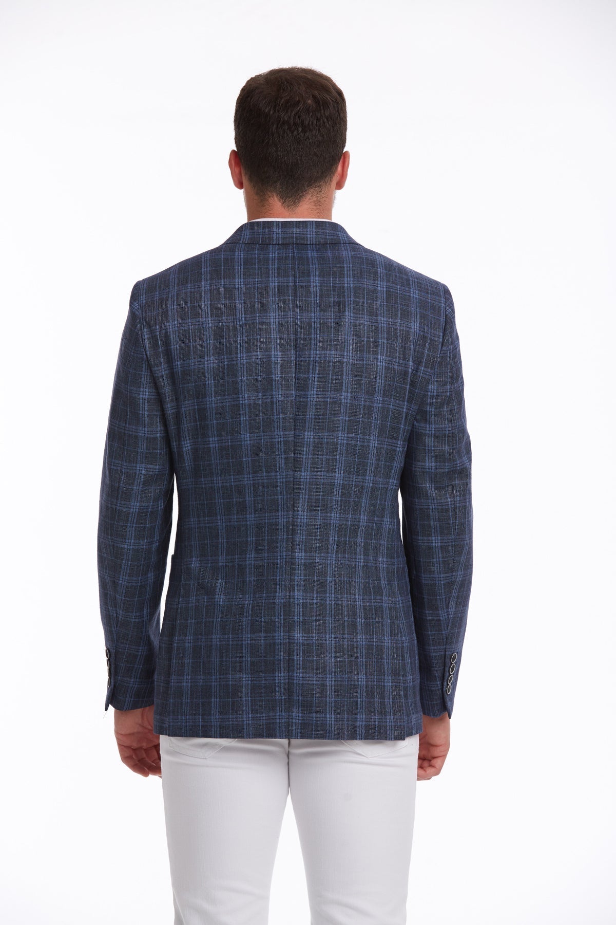 Slim Fit Navy Peak Lapel Plaid Linen Classic Blazer - SAYKI