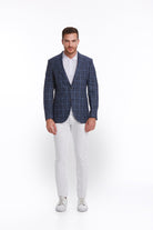 Slim Fit Navy Peak Lapel Plaid Linen Classic Blazer - SAYKI