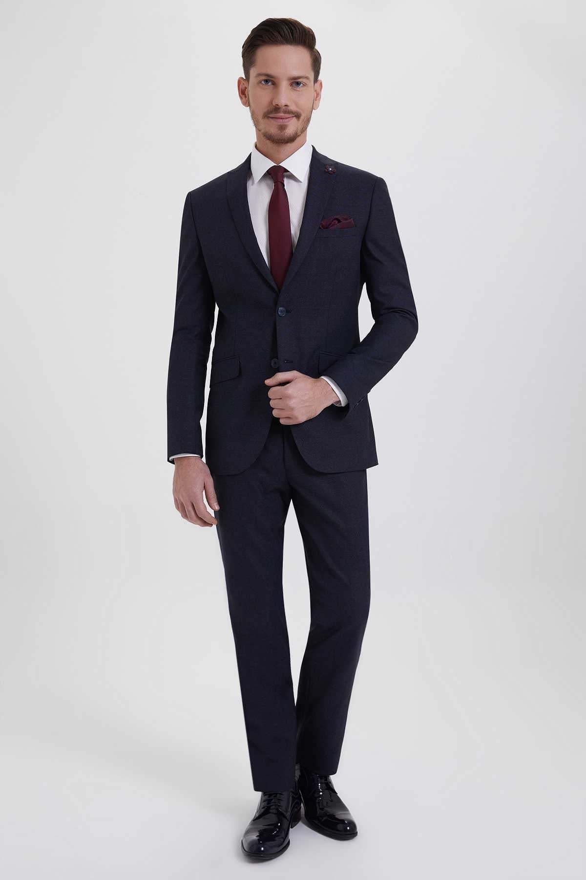 Slim Fit Navy Peak Lapel Wool Blend Casual Suit - MIB