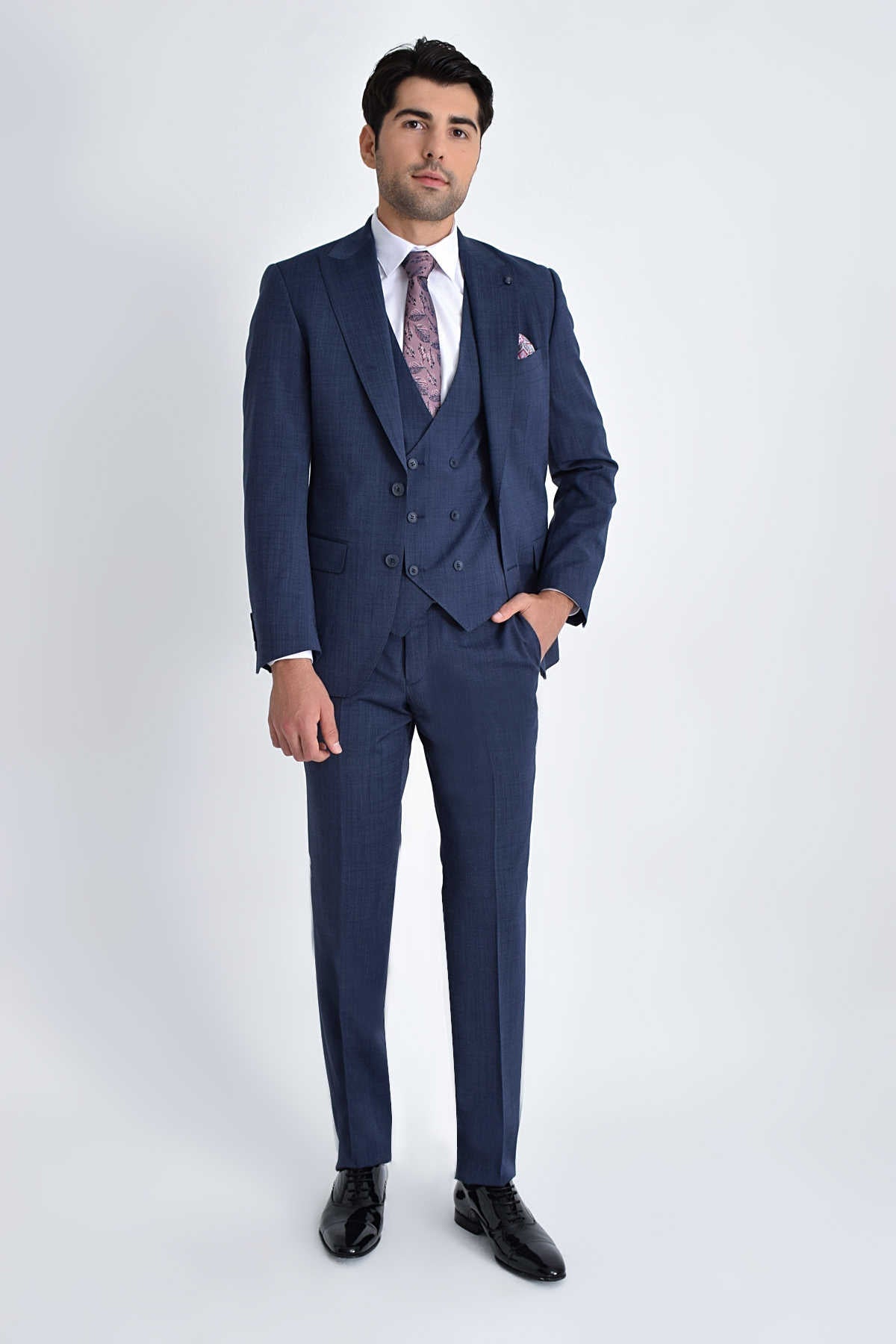 Slim Fit Navy Peak Lapel Wool Blend Classic Suit with Vest