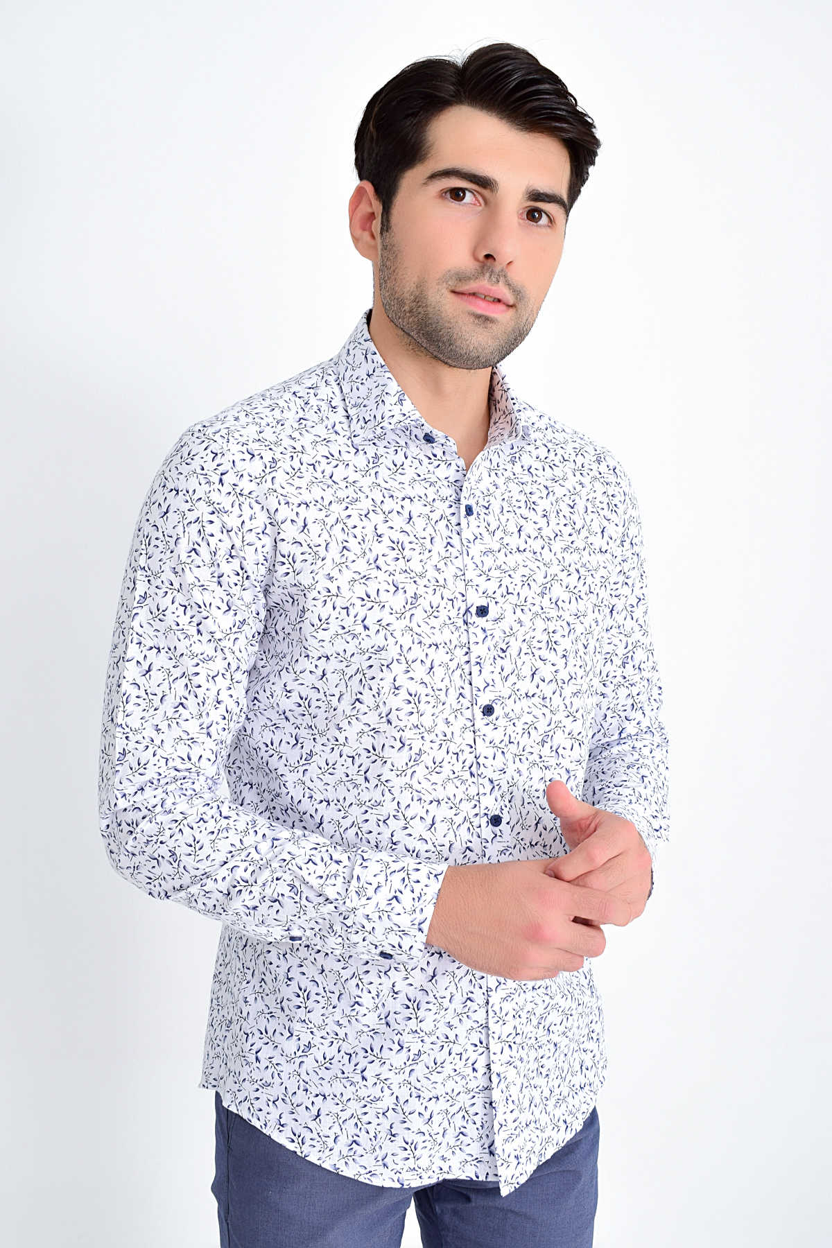 Slim Fit Navy Printed 100% Cotton Casual Shirt - MIB